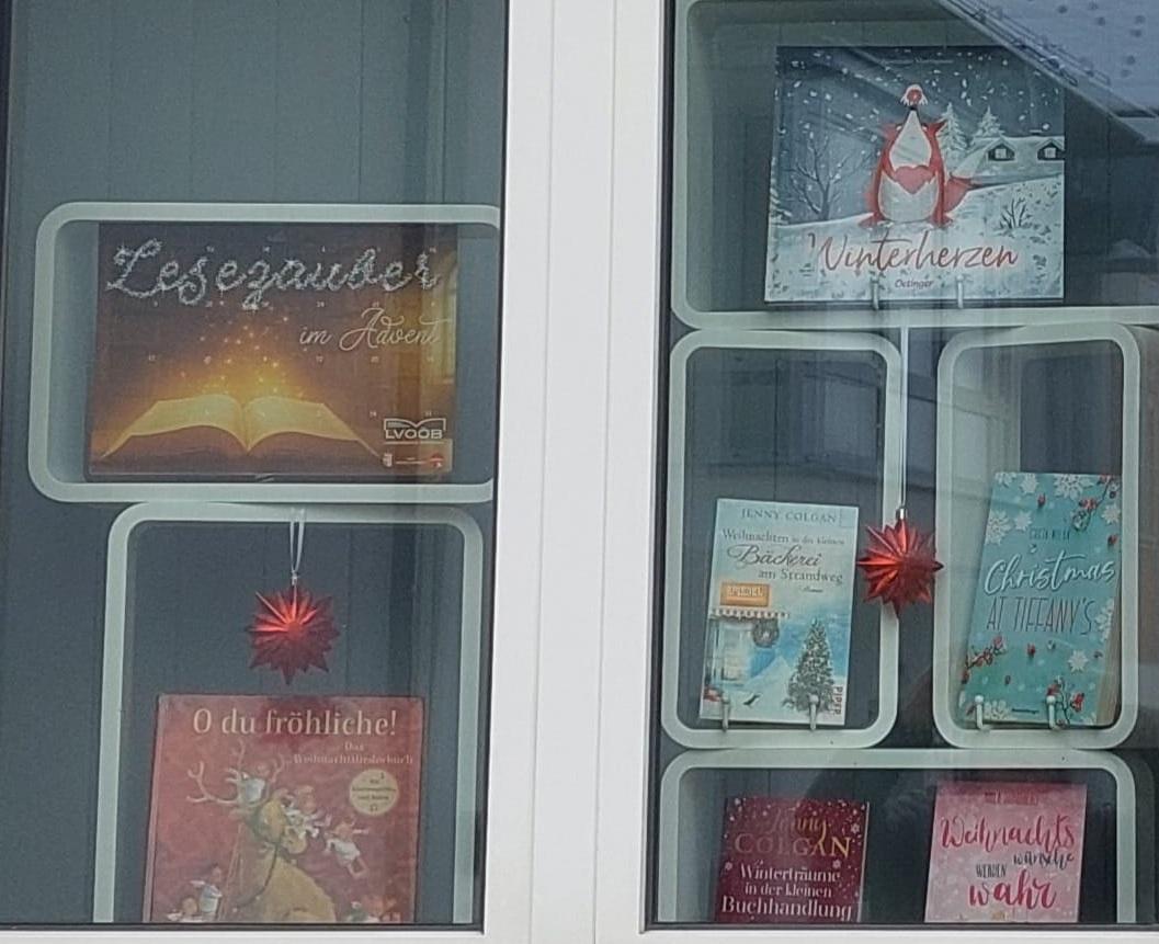 Weihnachtsbücher im Fenster
